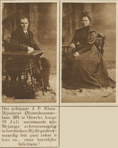870636 Dubbelportret van het echtpaar Klutz-Rijnderse (Notebomenlaan 285), dat 50 jaar getrouwd is.